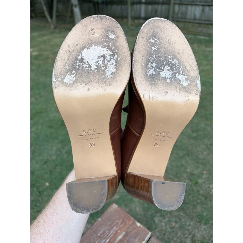 A.P.C Brown Leather T Strap Mary Jane Block Heels Parisian Chic EU 39 US 9 - Picture 7 of 8